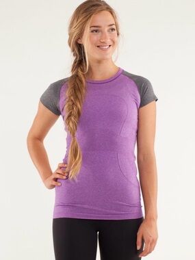 Swiftly Tech Lululemon Purple & Gray Short Sleeve Athletic Top - tiny hole